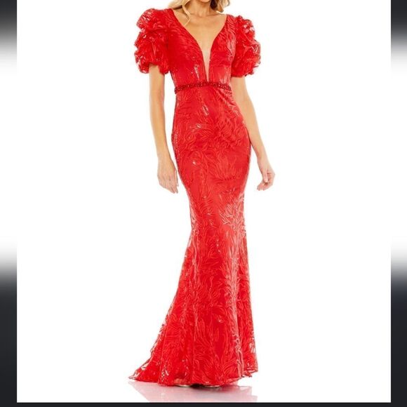 $798 NEW SZ 14 RED MAC DUGGAL embellished sexy puff trumpet gown dress NWT - Picture 4 of 6